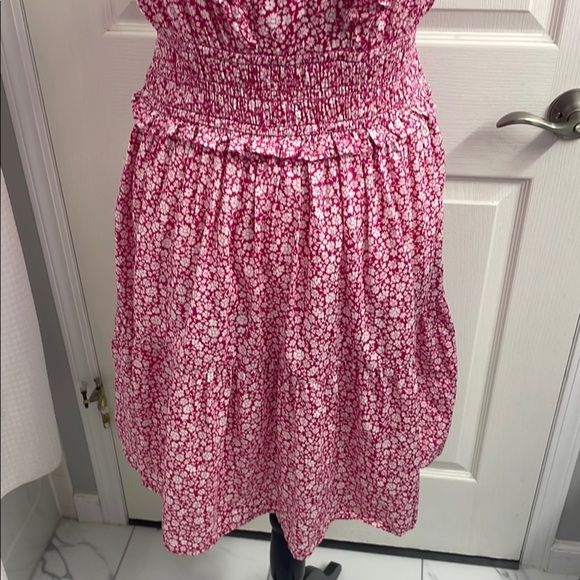 Pink Floral Ruffle Mini Dress V Neck V Back Pockets Smocked Bodice Size L Tall - Picture 9 of 16
